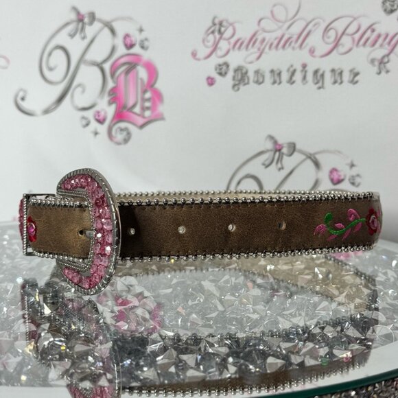 Belt rhinestone bling embroidered Brown and Pink Embellished Belt